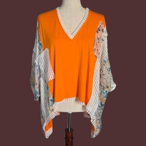 POL NWT Orange Floral  Patchwork Tunic Kimono Top,  Patchwork Boho Fit Medium
